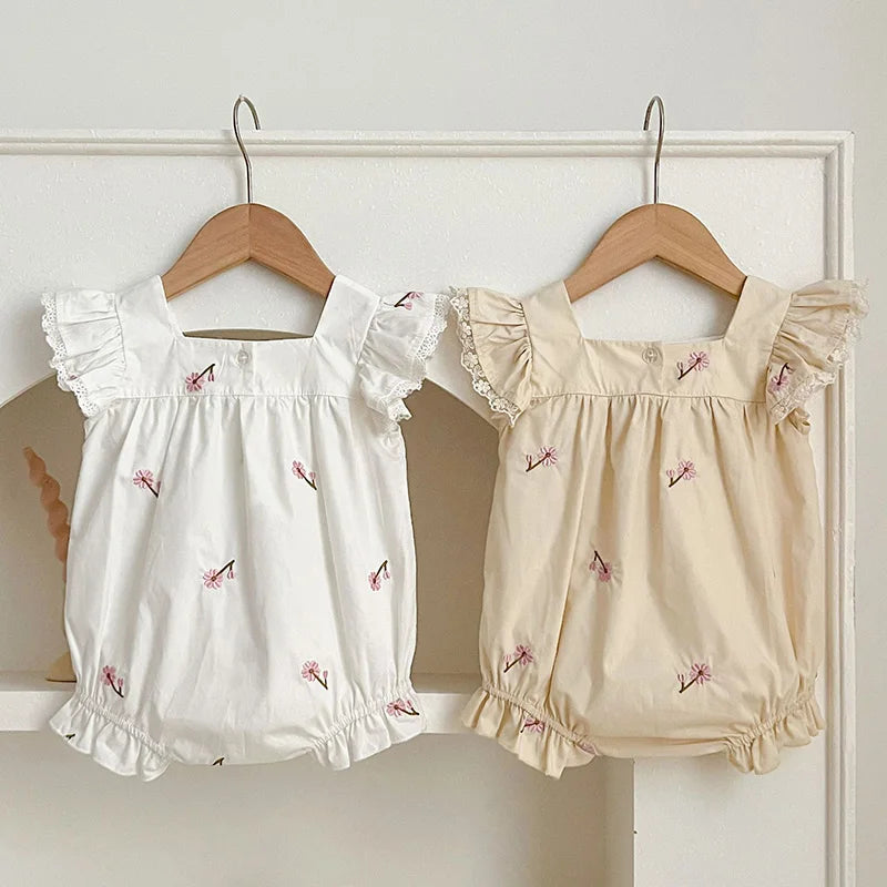 2024 New Summer Infant Baby Girl Bodysuits Flying Sleeve Cotton Embroidery Newborn Baby Girl Jumpsuit 0-24M Baby Girl Clothing Leedoar