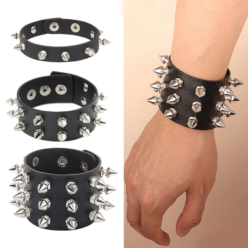 2024 Pu Couro Studded Pulseira Gargantilha Punk Spike Rebites Punho Preto Pulseira Ajustável Punho Pulseira 