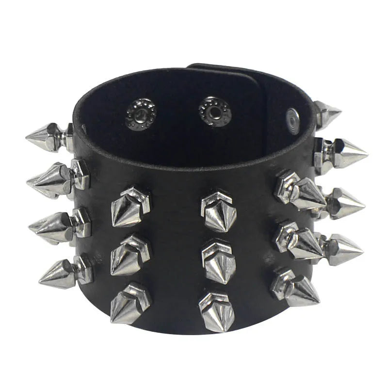 Pulsera de cuero sintético con tachuelas, estilo punk, con remaches de púas, color negro, ajustable, 2024 