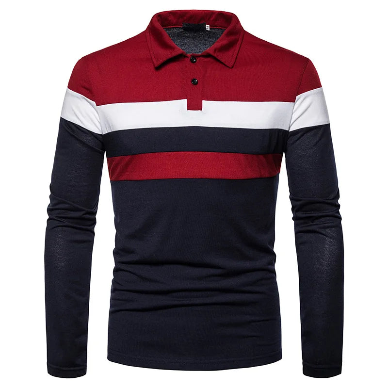 2024 Primavera Outono Nova Moda Masculina Listras Color Blocking Lapela Manga Comprida Camisa de Fundo Casual de Negócios POLO Tops 