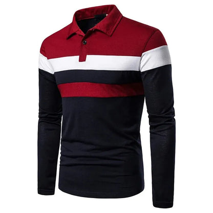 2024 Primavera Outono Nova Moda Masculina Listras Color Blocking Lapela Manga Comprida Camisa de Fundo Casual de Negócios POLO Tops 