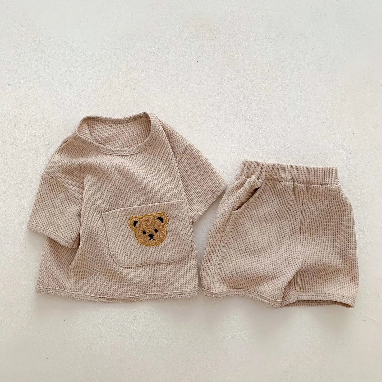 2024 Summer Baby Clothing Set Baby Casual Homewear Set Waffle Bear Te and Shorts 2 Pcs Suits for Baby Boys Girls Leedoar