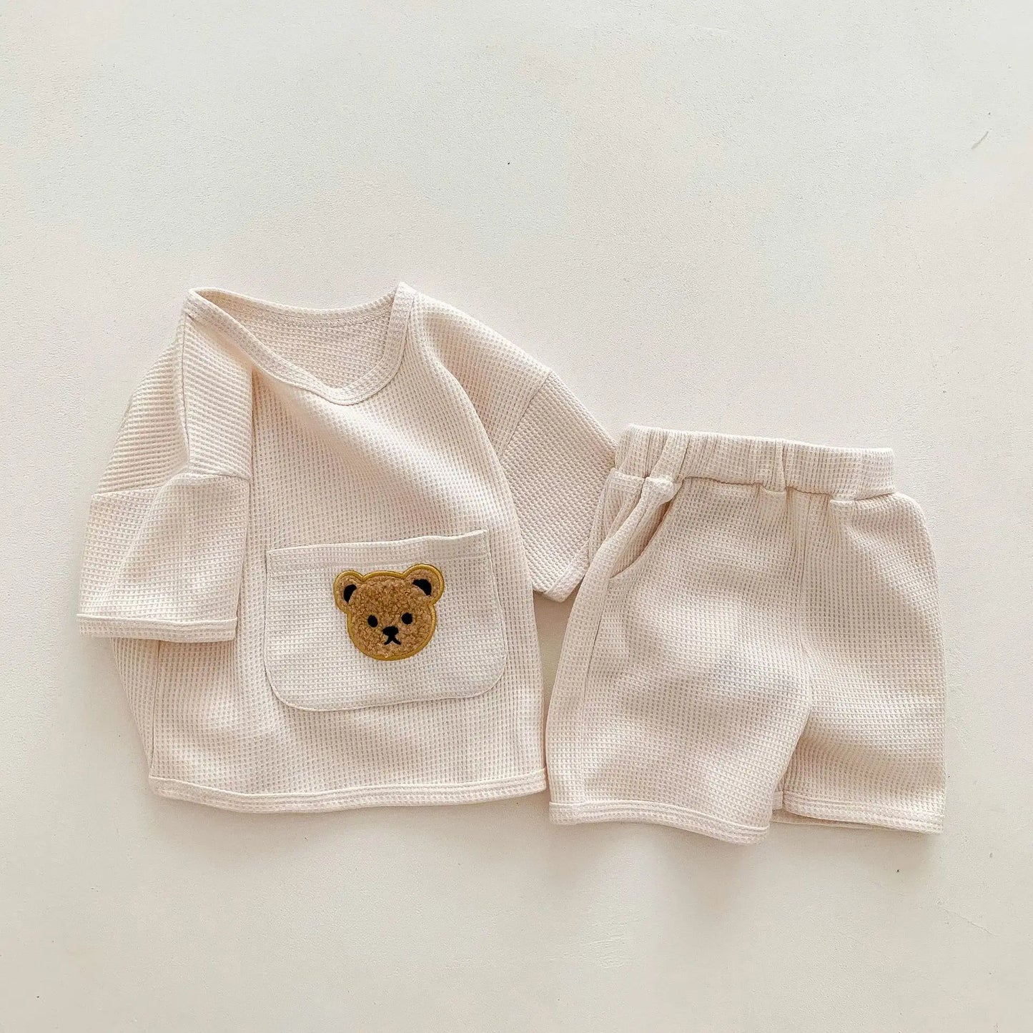 2024 Summer Baby Clothing Set Baby Casual Homewear Set Waffle Bear Te and Shorts 2 Pcs Suits for Baby Boys Girls Leedoar