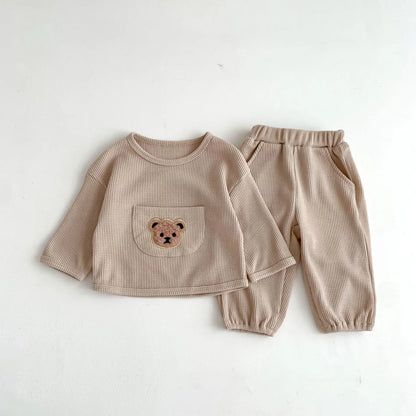 2024 Summer Baby Clothing Set Baby Casual Homewear Set Waffle Bear Te and Shorts 2 Pcs Suits for Baby Boys Girls Leedoar