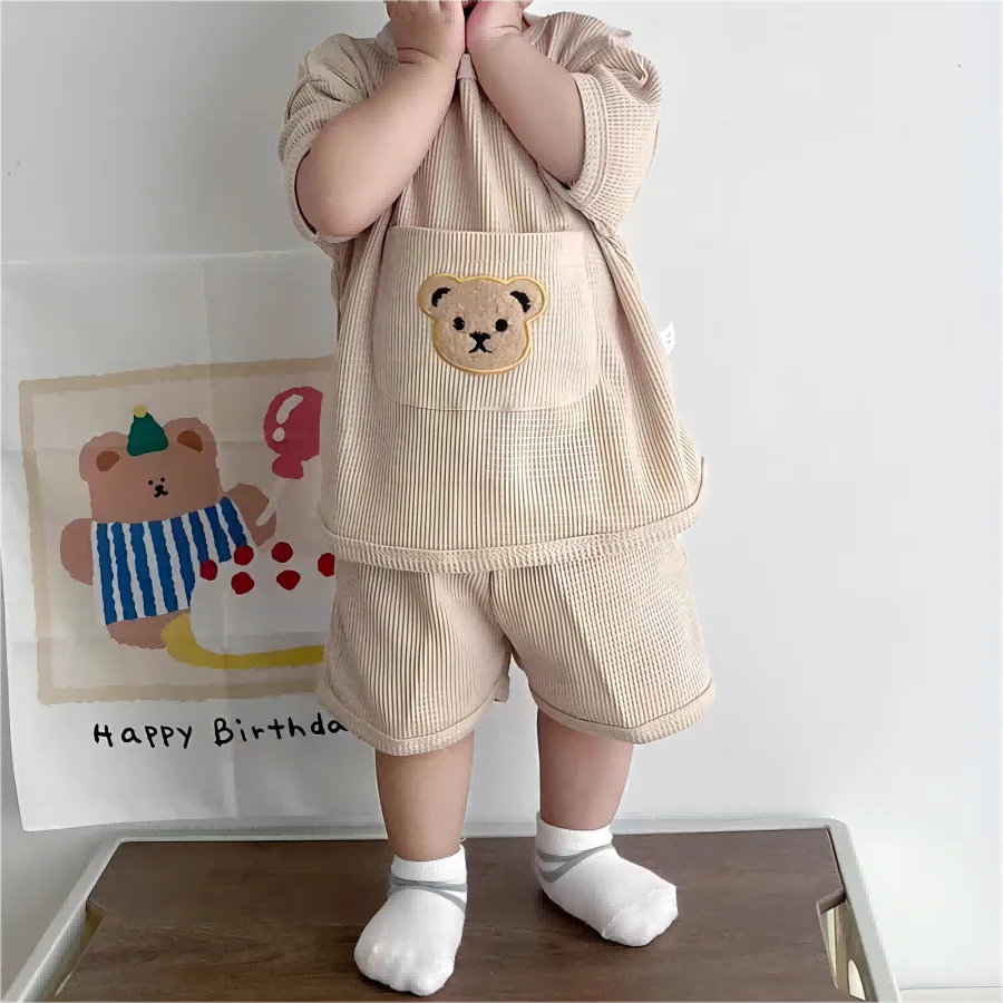 2024 Summer Baby Clothing Set Baby Casual Homewear Set Waffle Bear Te and Shorts 2 Pcs Suits for Baby Boys Girls Leedoar