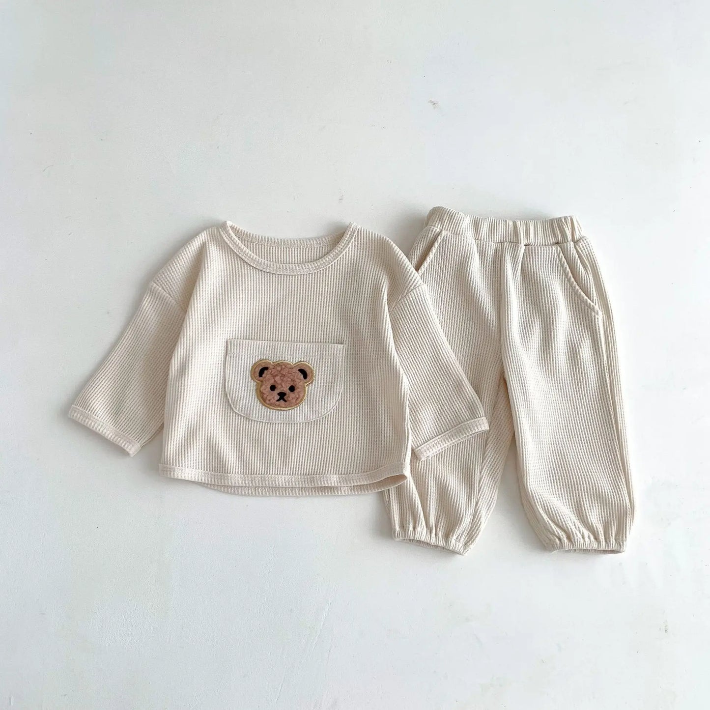 2024 Summer Baby Clothing Set Baby Casual Homewear Set Waffle Bear Te and Shorts 2 Pcs Suits for Baby Boys Girls Leedoar