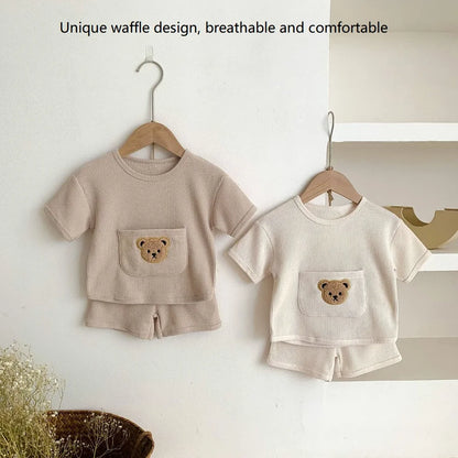 2024 Summer Baby Clothing Set Baby Casual Homewear Set Waffle Bear Te and Shorts 2 Pcs Suits for Baby Boys Girls Leedoar