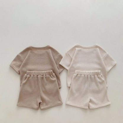 2024 Summer Baby Clothing Set Baby Casual Homewear Set Waffle Bear Te and Shorts 2 Pcs Suits for Baby Boys Girls Leedoar