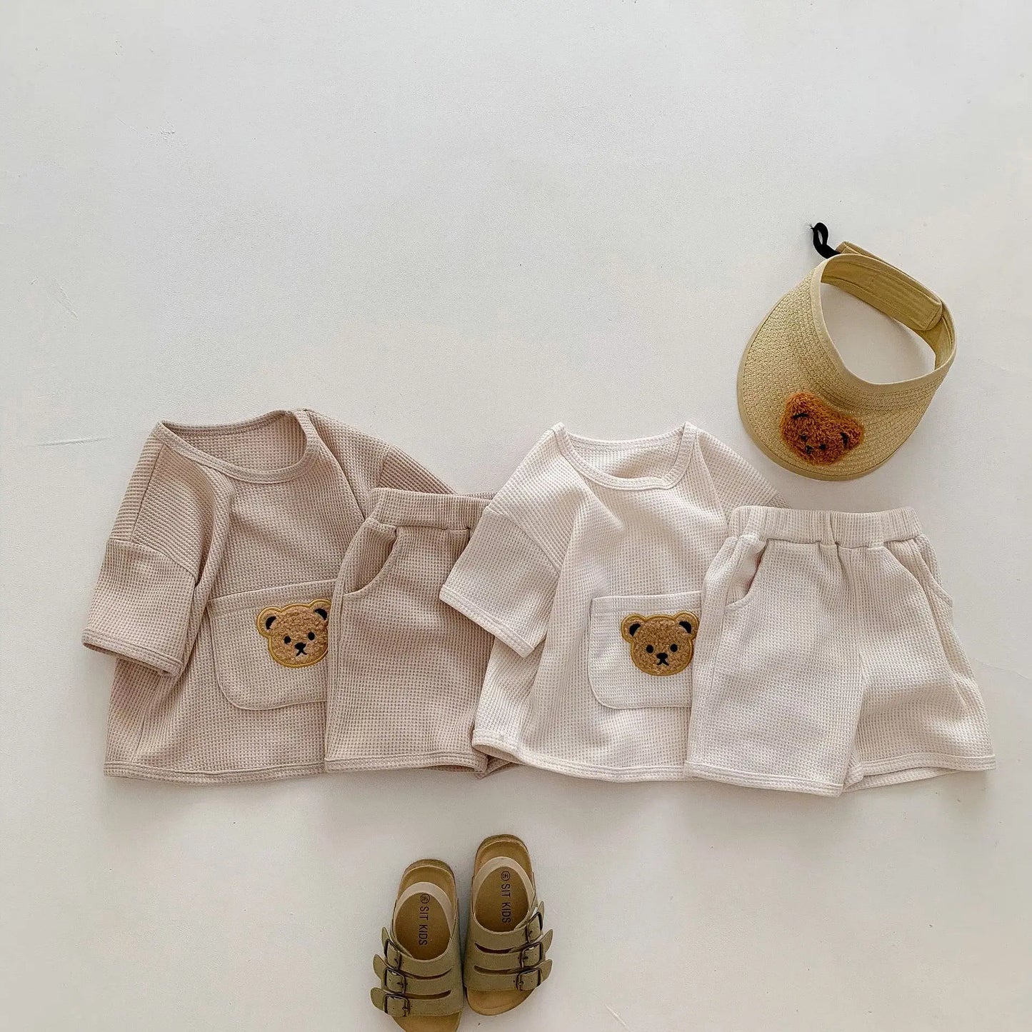 2024 Summer Baby Clothing Set Baby Casual Homewear Set Waffle Bear Te and Shorts 2 Pcs Suits for Baby Boys Girls Leedoar