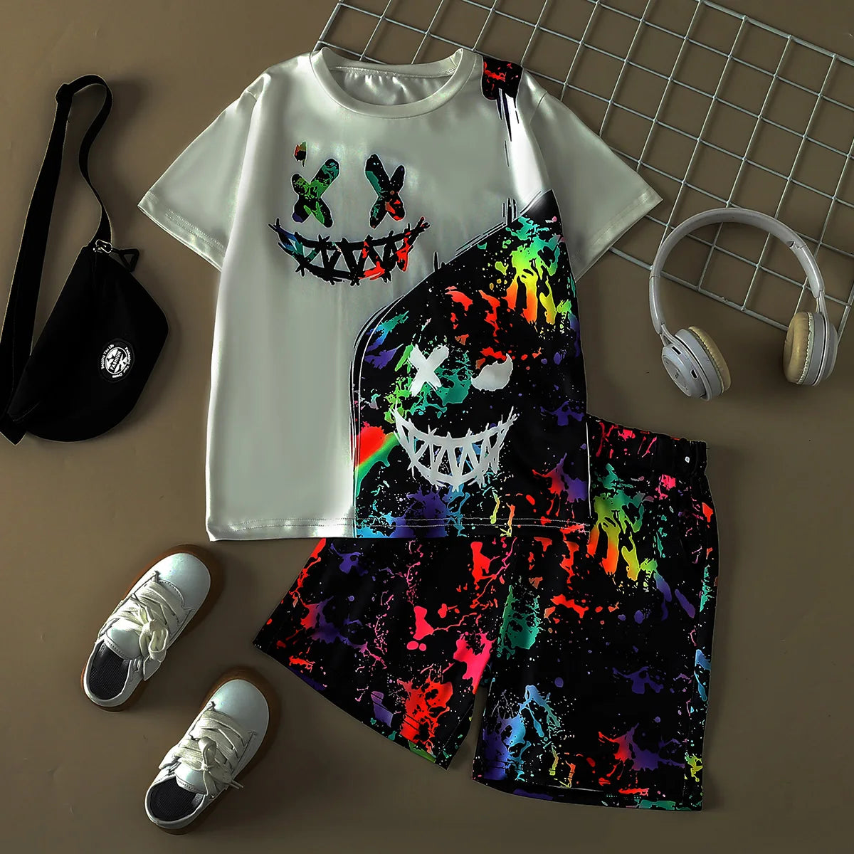 2024 Summer Trend Cool and Breathable Black and Color Matching Smiley Face Thin Sports T-shirt Suitable for Casual Outdoor Play Leedoar