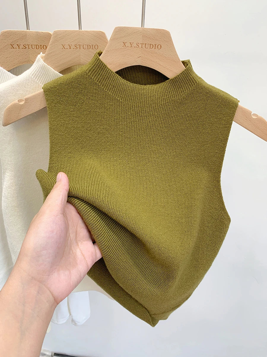 2024 Women Knitted Tank Top Summer Fall Slim Sweater Short Sleeveless Solid Spring Autumn Sweaters Pullovers Leedoar