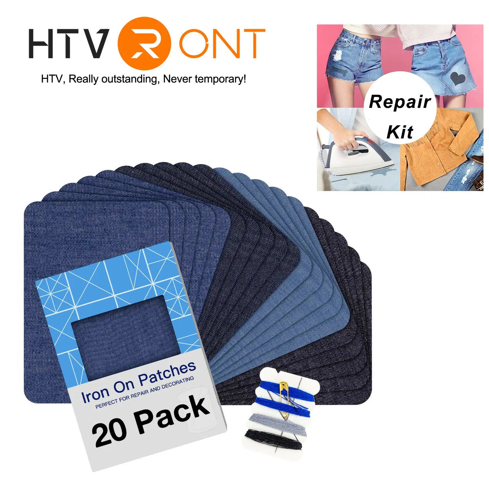 20pcs Jeans Denim Patches Iron On Elbow Knee Patches DIY Repair Kits For Clothing Pants Apparel Embroidered Sewing Fabric Leedoar