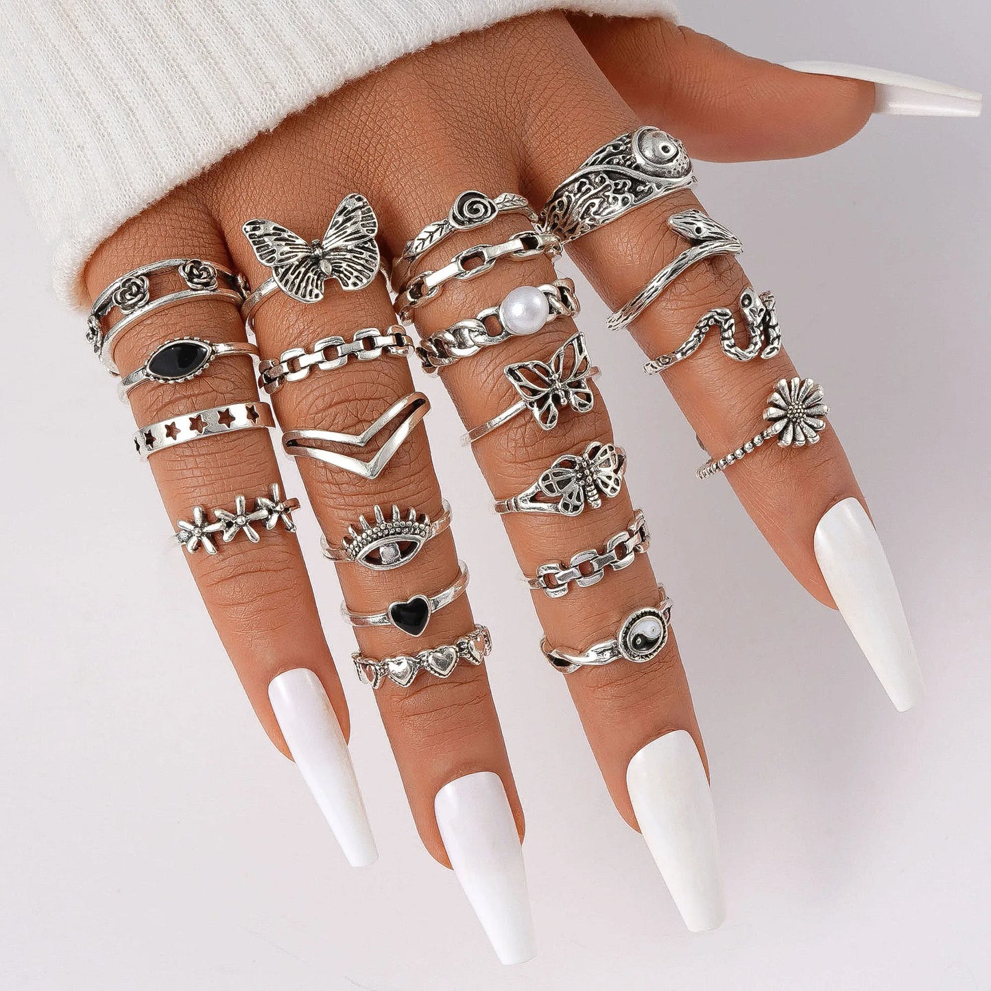 21pcs Set Punk Style Butterfly Heart And Tai Chi Design Multi-element Snake Rings Set Leedoar