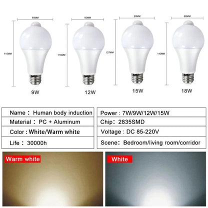 Lámpara con sensor de movimiento PIR, 220 V, E27, 9 W, 12 W, 15 W, 18 W, bombilla LED con sensor de movimiento, detector de movimiento por radiación infrarroja, luz de seguridad 