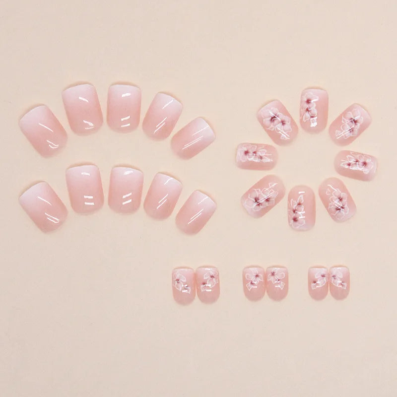 24 PCs Short French Simple Gradient Flower Nails with 1 Jelly Glue and 1 Nail File Leedoar