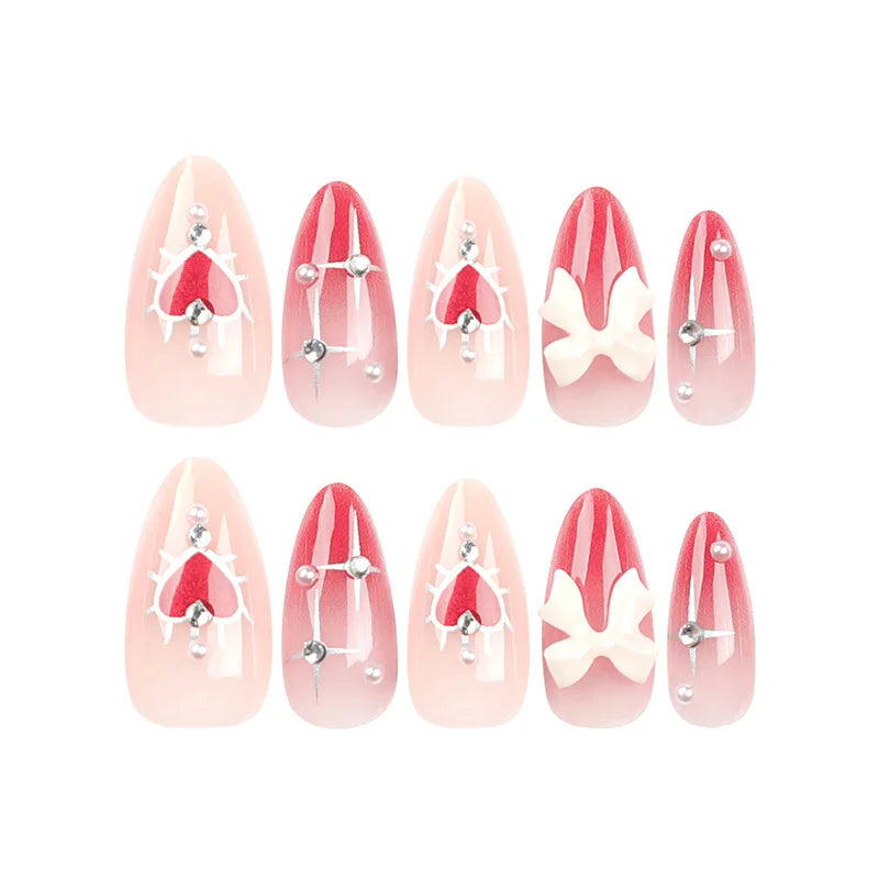 24 PCs Valentine's Day Long Almond Shape Novelty Pearl Bow Love Nail with 1 File and 1 Jelly Glue Leedoar