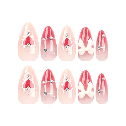 24 PCs Valentine's Day Long Almond Shape Novelty Pearl Bow Love Nail with 1 File and 1 Jelly Glue Leedoar