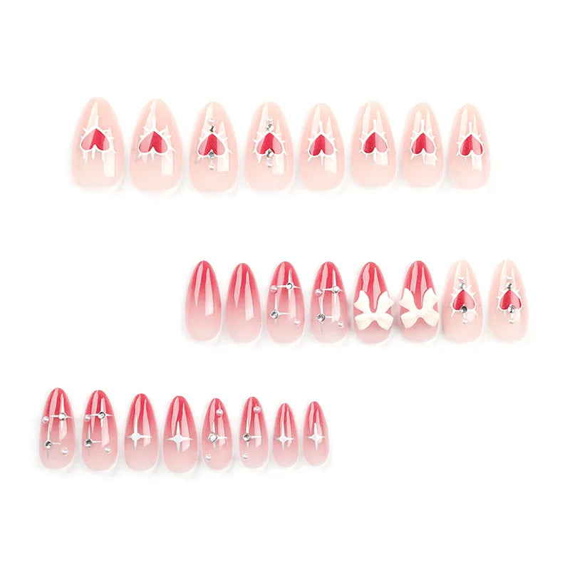 24 PCs Valentine's Day Long Almond Shape Novelty Pearl Bow Love Nail with 1 File and 1 Jelly Glue Leedoar