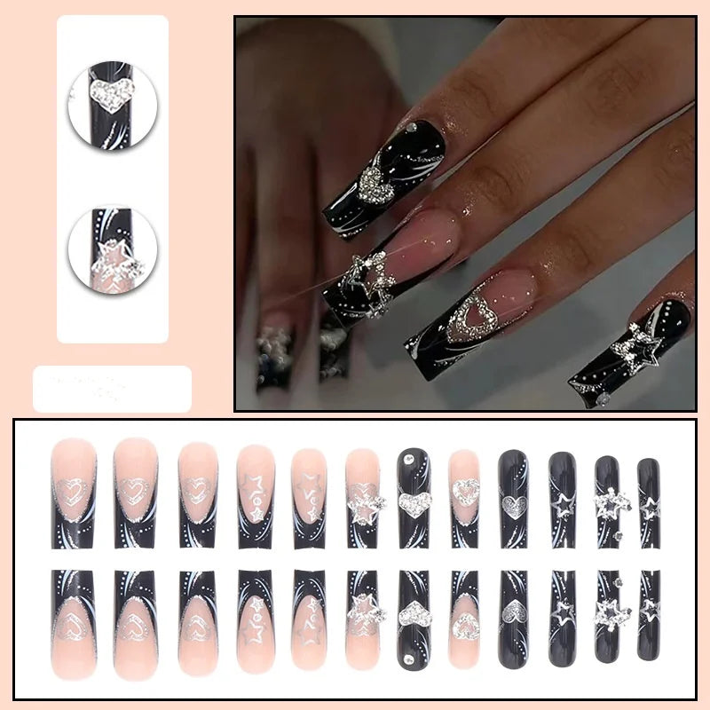 24PCS/1BOX Black French Wearing Sweet and Cool Nail Patch Glitter Love Stars in Europe and America Dark Department Fake Nail Leedoar