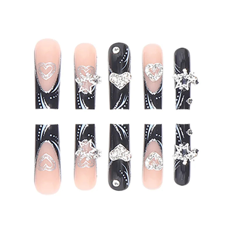 24PCS/1BOX Black French Wearing Sweet and Cool Nail Patch Glitter Love Stars in Europe and America Dark Department Fake Nail Leedoar