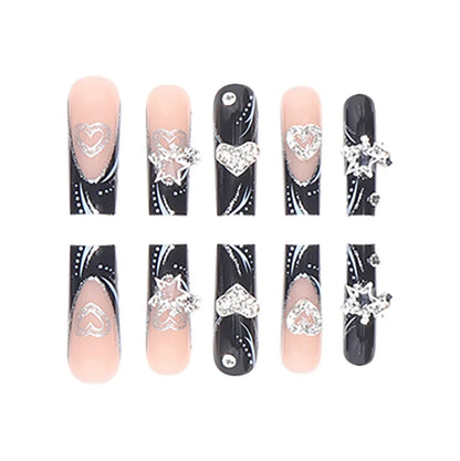 24PCS/1BOX Black French Wearing Sweet and Cool Nail Patch Glitter Love Stars in Europe and America Dark Department Fake Nail Leedoar