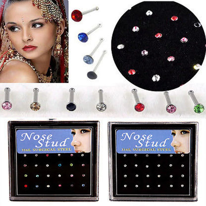 24 piezas de aro y pendientes de cristal para la nariz, joyería de moda para mujeres y niñas, piercing de acero inoxidable quirúrgico con diamantes de imitación de colores 