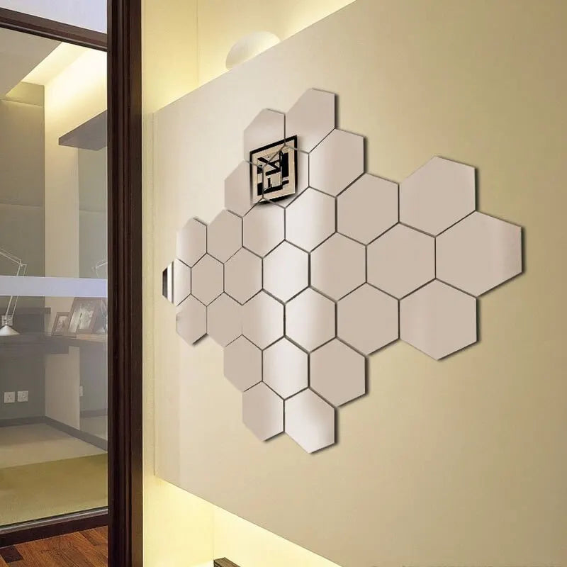 24pcs/set 3D Acrylic DIY Self-adhesive Decorative Decal Hexagonal Geometric Mirror Wall Pasted Hexagon Leedoar