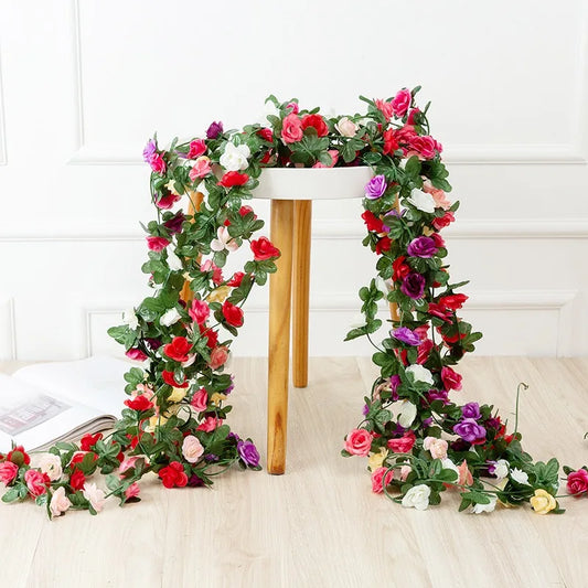 250CM Flores de Rosa Artificial Videira para Decoração de Casamento Decoração de Quarto de Casa Primavera Outono Jardim Arco Rattan DIY Plantas Falsas Videira 