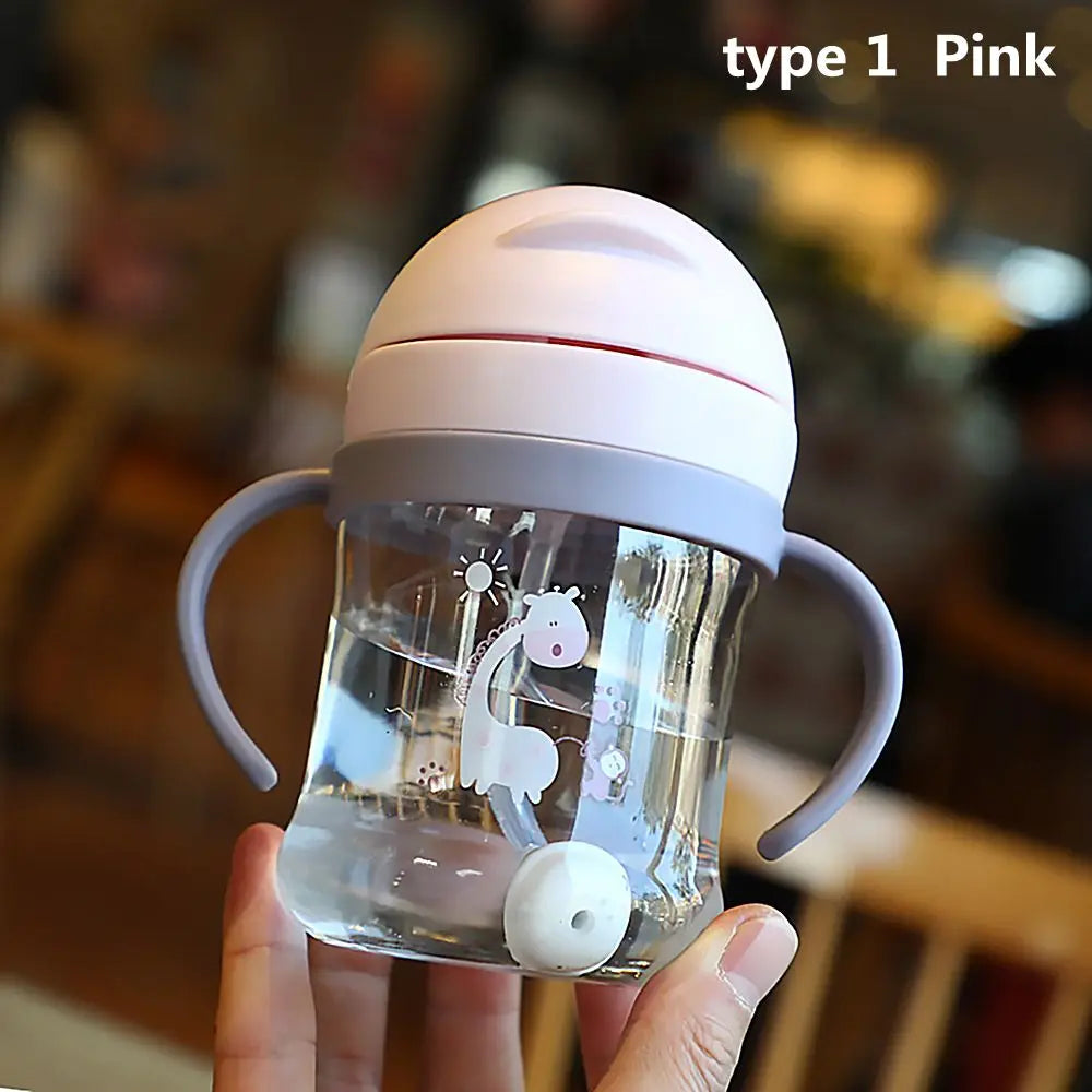 250ML Cartoon Sippy Cups for Toddler Kids Child Learning Cup Water Bottle with Straw and Gravity Ball Handle Feeding Cup Leedoar