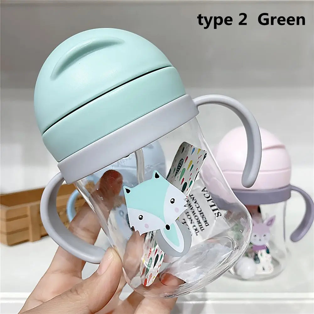 250ML Cartoon Sippy Cups for Toddler Kids Child Learning Cup Water Bottle with Straw and Gravity Ball Handle Feeding Cup Leedoar