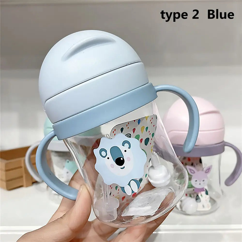 250ML Cartoon Sippy Cups for Toddler Kids Child Learning Cup Water Bottle with Straw and Gravity Ball Handle Feeding Cup Leedoar