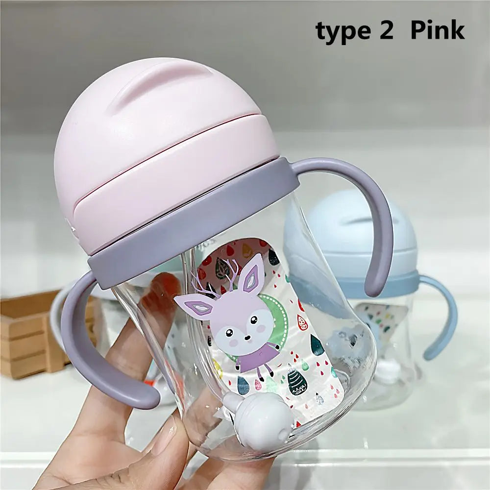 250ML Cartoon Sippy Cups for Toddler Kids Child Learning Cup Water Bottle with Straw and Gravity Ball Handle Feeding Cup Leedoar