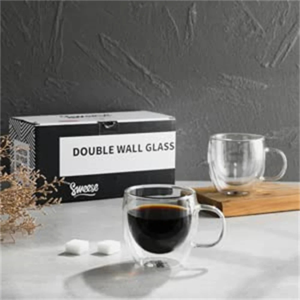 250ml Double Wall Transparent Glass Coffee Cup with Handle Double-layer Heat Insulation High Temperature Juice Milk Cup Leedoar