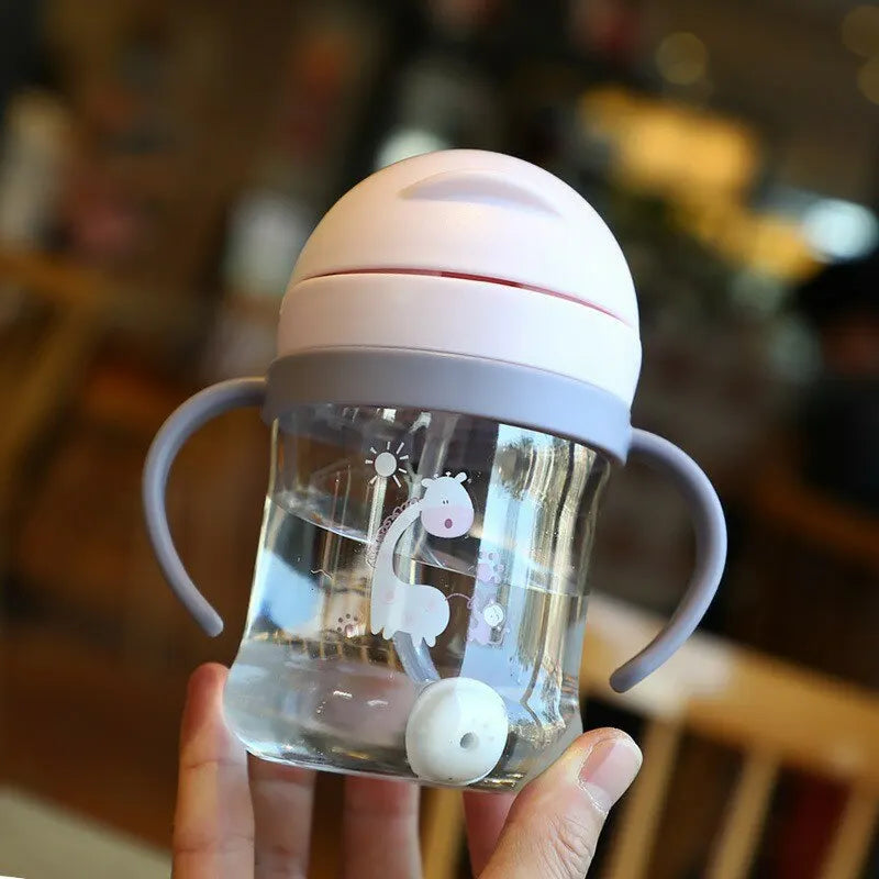 250ml Pink Baby Drinking Cup Feeding Bottle With Straw Gravity Ball Wide Caliber Drinking Milk Water Bottle With Handle Leedoar