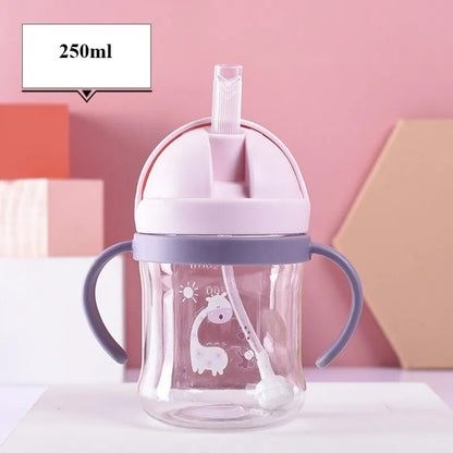 250ml Pink Baby Drinking Cup Feeding Bottle With Straw Gravity Ball Wide Caliber Drinking Milk Water Bottle With Handle Leedoar