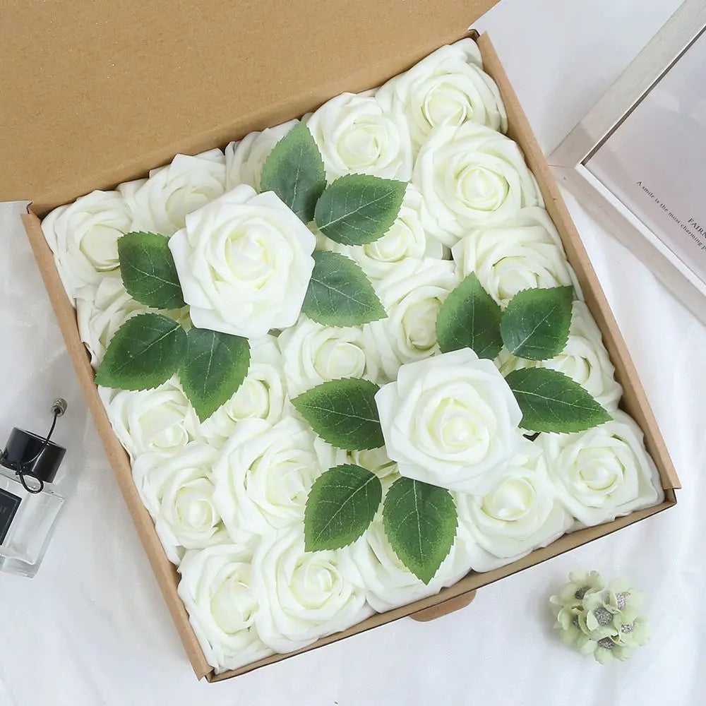 25Pcs Milk White Artificial Flowers Roses Fake Flowers Stem for DIY Wedding Bouquets Decorations Party Garden Home Room Decor Leedoar