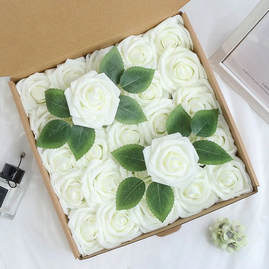 25Pcs Leite Branco Flores Artificiais Rosas Flores Falsas Haste para DIY Buquês de Casamento Decorações Festa Jardim Decoração de Quarto de Casa 