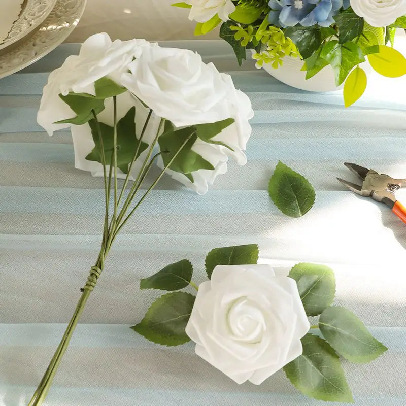 25Pcs Milk White Artificial Flowers Roses Fake Flowers Stem for DIY Wedding Bouquets Decorations Party Garden Home Room Decor Leedoar