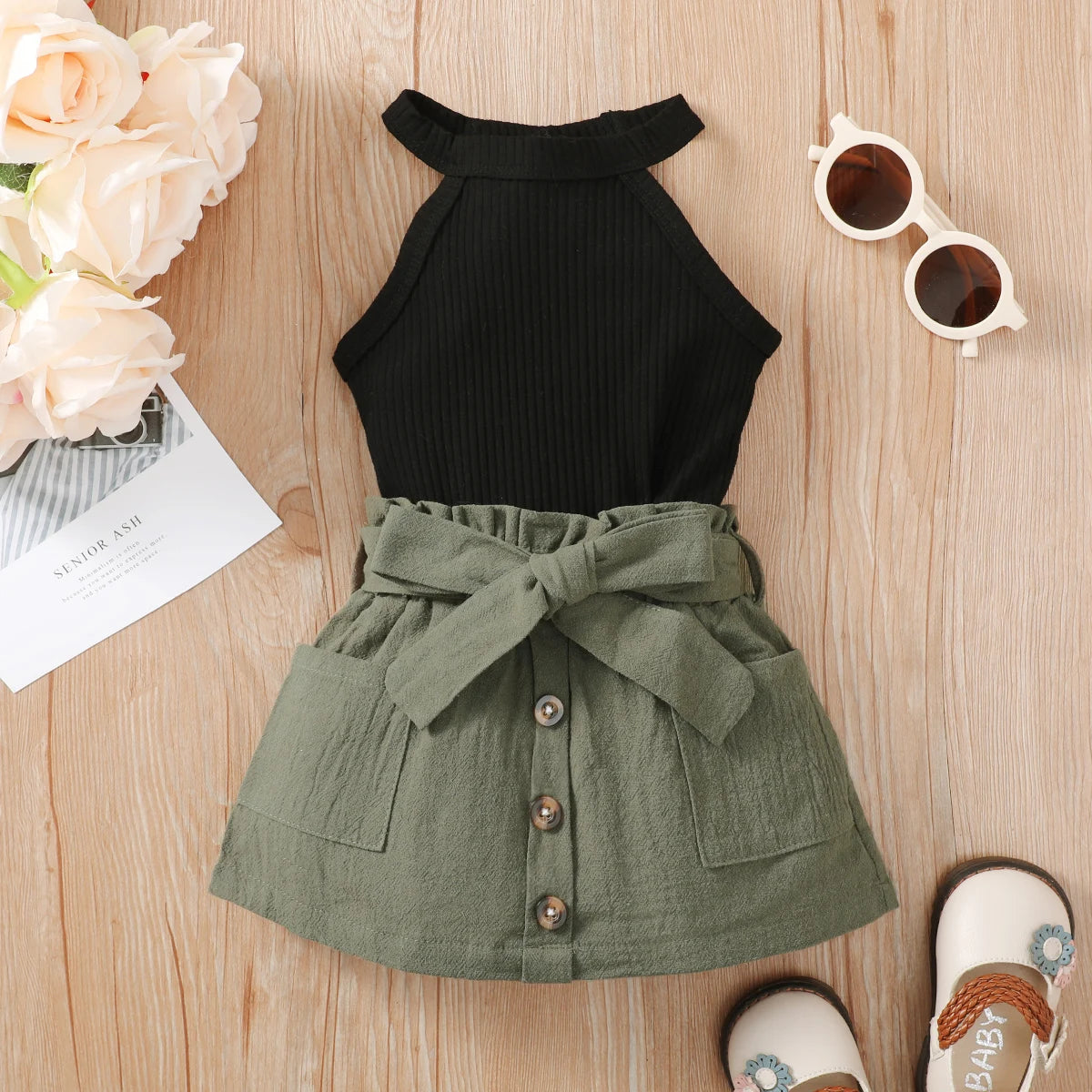 2PC Girls' Sleeveless Off the Shoulder Top Lace Up Bow ButtoShort Skirt Summer Party Fashion Set Suitable for Girls Aged 0-2 Yea Leedoar