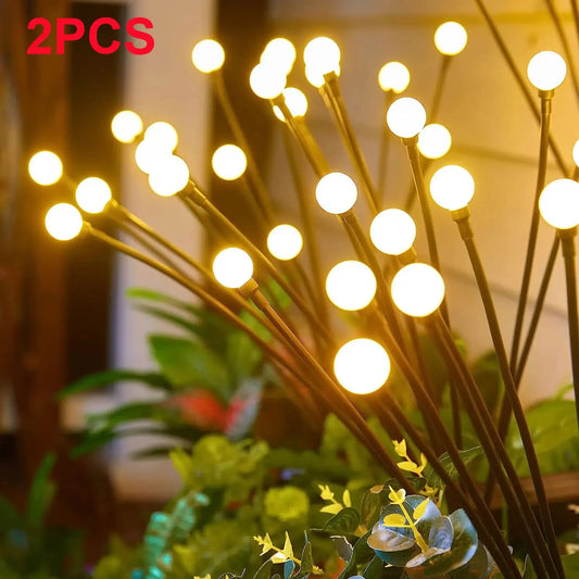 2 piezas de 8 luces LED solares para jardín, luces de luciérnaga para exteriores, luces de jardín vibrantes, impermeables, para decoración de patios y caminos, cálidas 