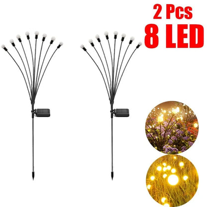 2 piezas de 8 luces LED solares para jardín, luces de luciérnaga para exteriores, luces de jardín vibrantes, impermeables, para decoración de patios y caminos, cálidas 