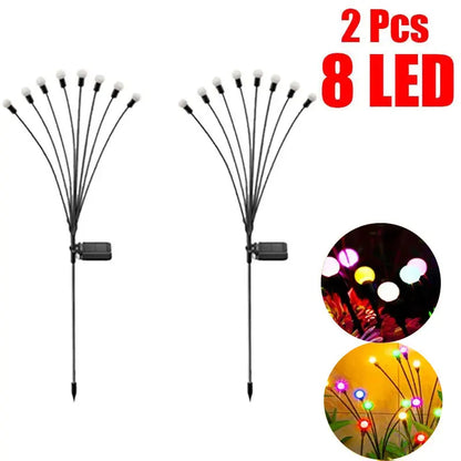 2 piezas de 8 luces LED solares para jardín, luces de luciérnaga para exteriores, luces de jardín vibrantes, impermeables, para decoración de patios y caminos, cálidas 