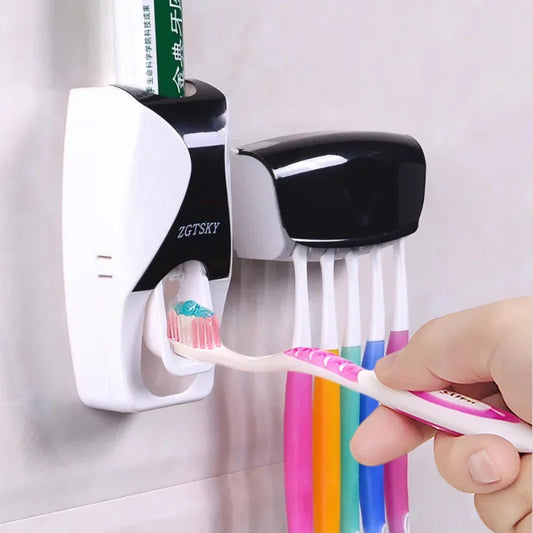 Dispensador automático de pasta de dientes de 2 piezas, soporte para cepillo de dientes a prueba de polvo, juego de accesorios de baño para montaje en pared, exprimidor 