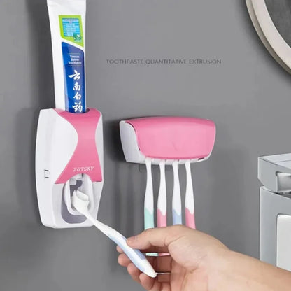 Dispensador automático de pasta de dientes de 2 piezas, soporte para cepillo de dientes a prueba de polvo, juego de accesorios de baño para montaje en pared, exprimidor 