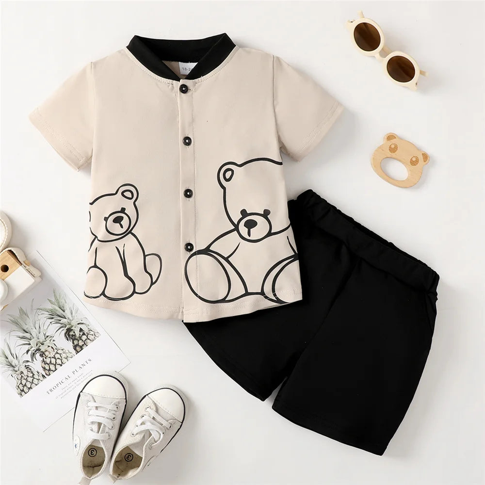 2PCS Child Boy Clothes Set Bear Print Button Style Short Sleeve Top+Shorts Fashion Birthday Party Outfit For Kid Boy 1-6 Years Leedoar