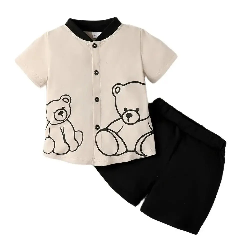 2PCS Child Boy Clothes Set Bear Print Button Style Short Sleeve Top+Shorts Fashion Birthday Party Outfit For Kid Boy 1-6 Years Leedoar