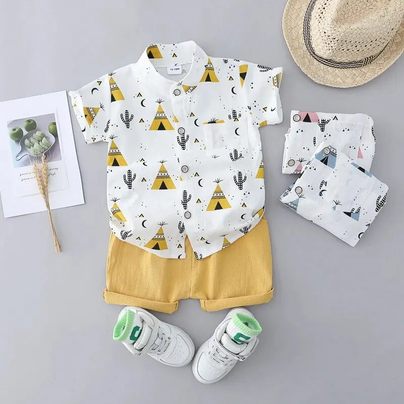 2PCS Children's Summer 100% Cotton Random Full Print Triangle Pattern Short Sleeved Stand up Collar Shirt and Shorts Set Leedoar