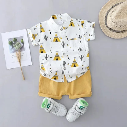 2PCS Children's Summer 100% Cotton Random Full Print Triangle Pattern Short Sleeved Stand up Collar Shirt and Shorts Set Leedoar