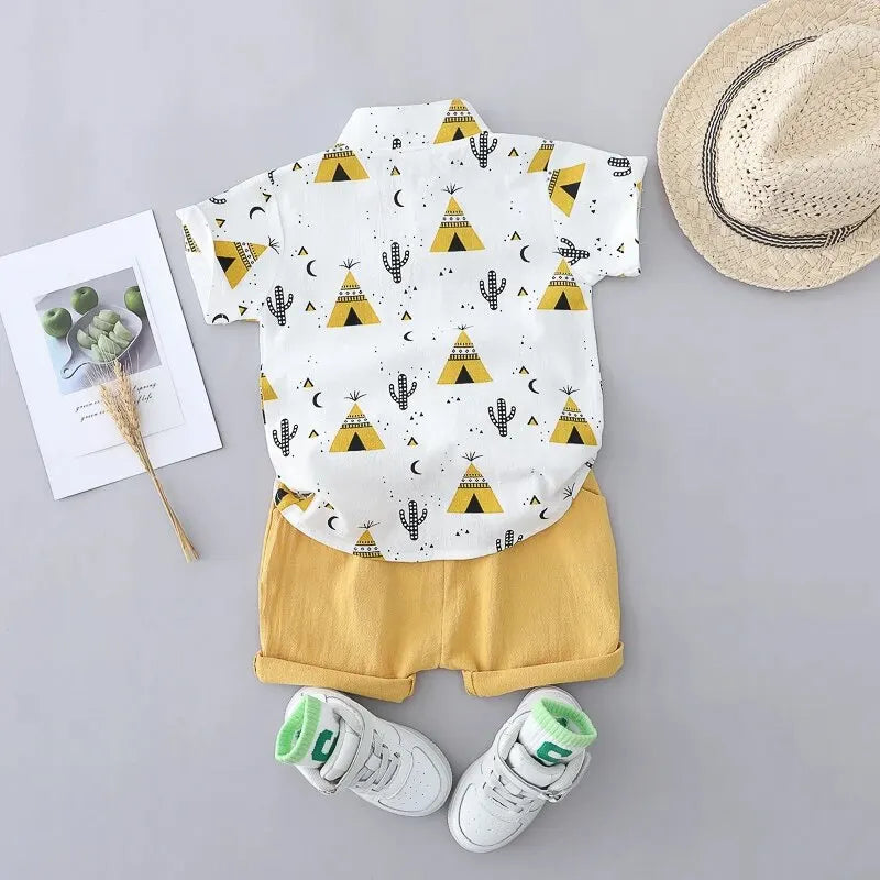 2PCS Children's Summer 100% Cotton Random Full Print Triangle Pattern Short Sleeved Stand up Collar Shirt and Shorts Set Leedoar