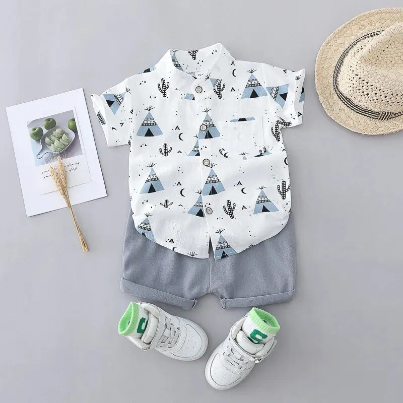 2PCS Children's Summer 100% Cotton Random Full Print Triangle Pattern Short Sleeved Stand up Collar Shirt and Shorts Set Leedoar